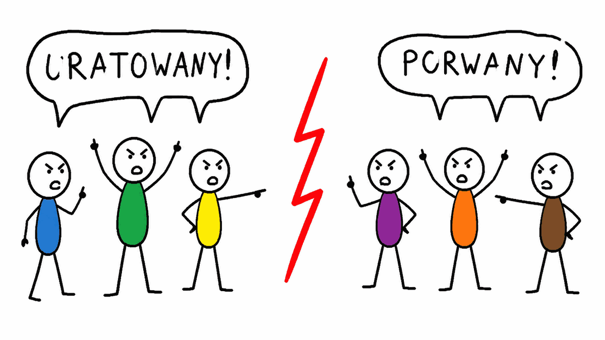 Rysunek MS Paint: dwie grupy ludzi krzyczą do siebie „URATOWANY!” i „PORWANY!”, między nimi czerwona błyskawica