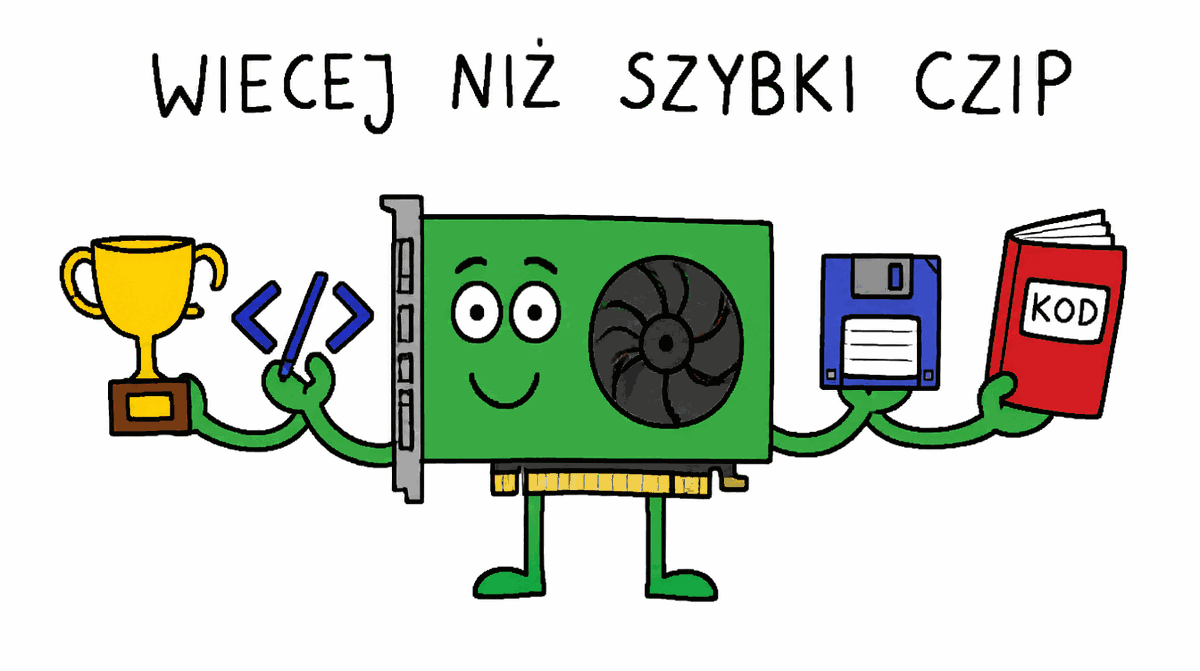 Rysunek MS Paint: uśmiechnięta karta graficzna trzymająca puchar, dyskietkę i książkę z napisem KOD, u góry „więcej niż szybki czip"
