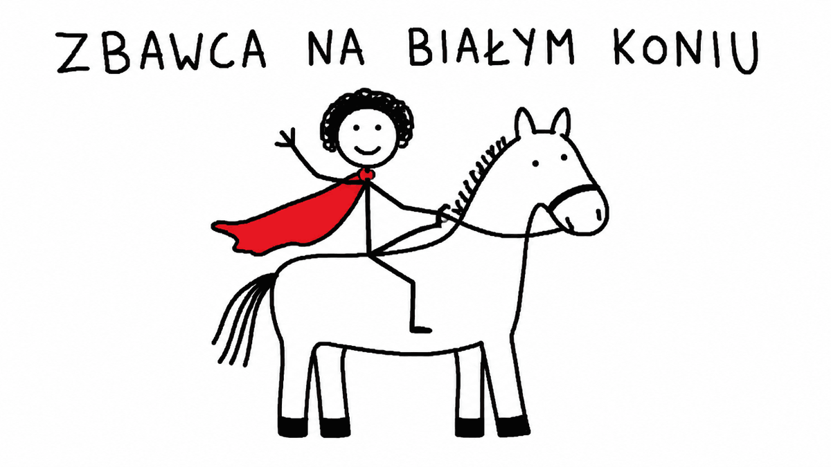 Rysunek MS Paint: uśmiechnięty chłopak w czerwonej pelerynie na białym koniu, napis „zbawca na białym koniu"