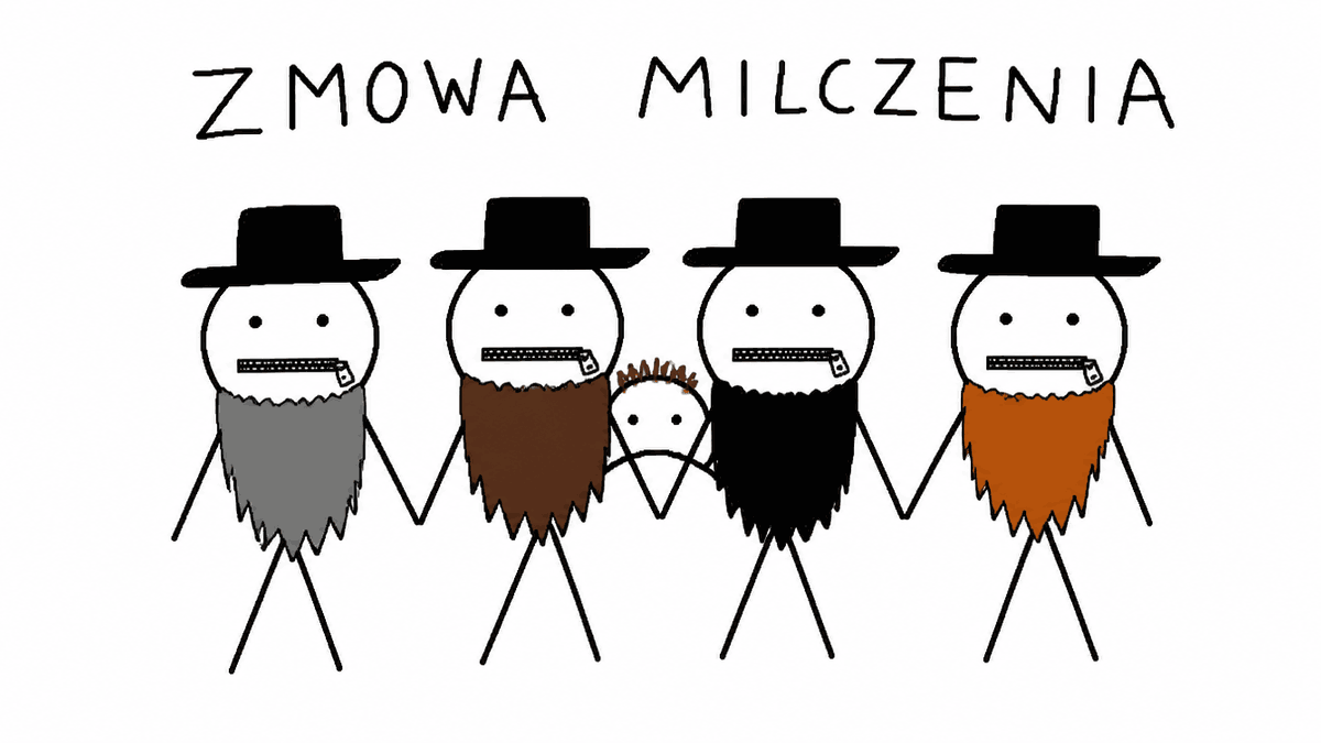 Rysunek MS Paint: rząd brodatych mężczyzn w kapeluszach zasłania sobą małego chłopca, napis „ZMOWA MILCZENIA”